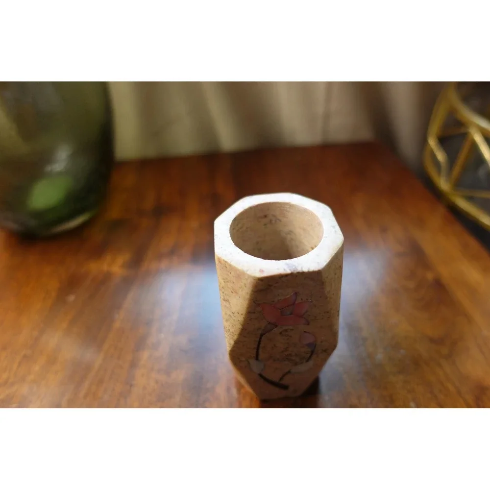 Vintage Stone Vase with Inlaid Floral Design, Small Decorative Vase‎